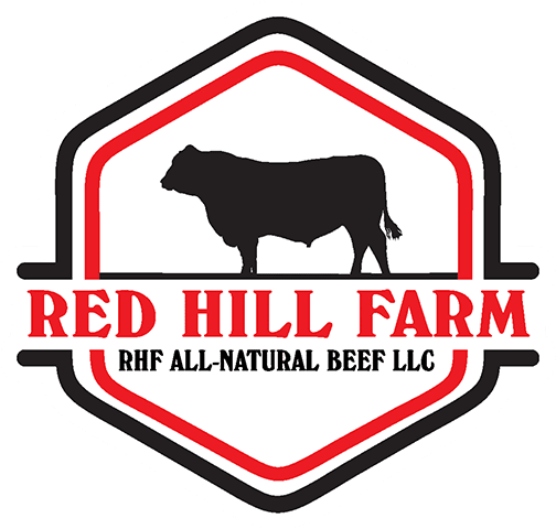 A red hill farm logo with an image of a cow.