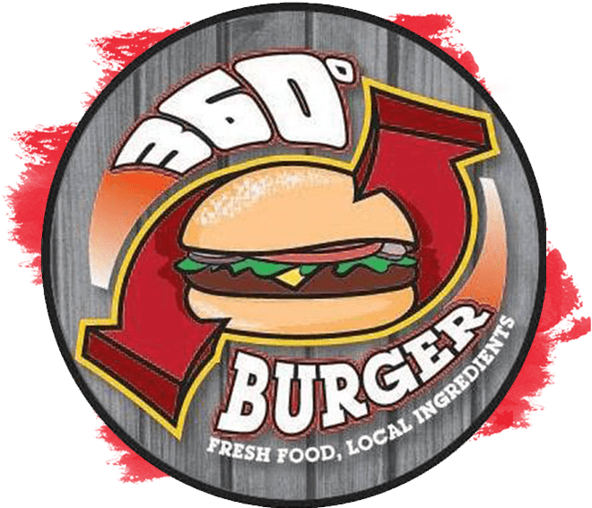 A burger with the word 3 6 0 degrees in it.